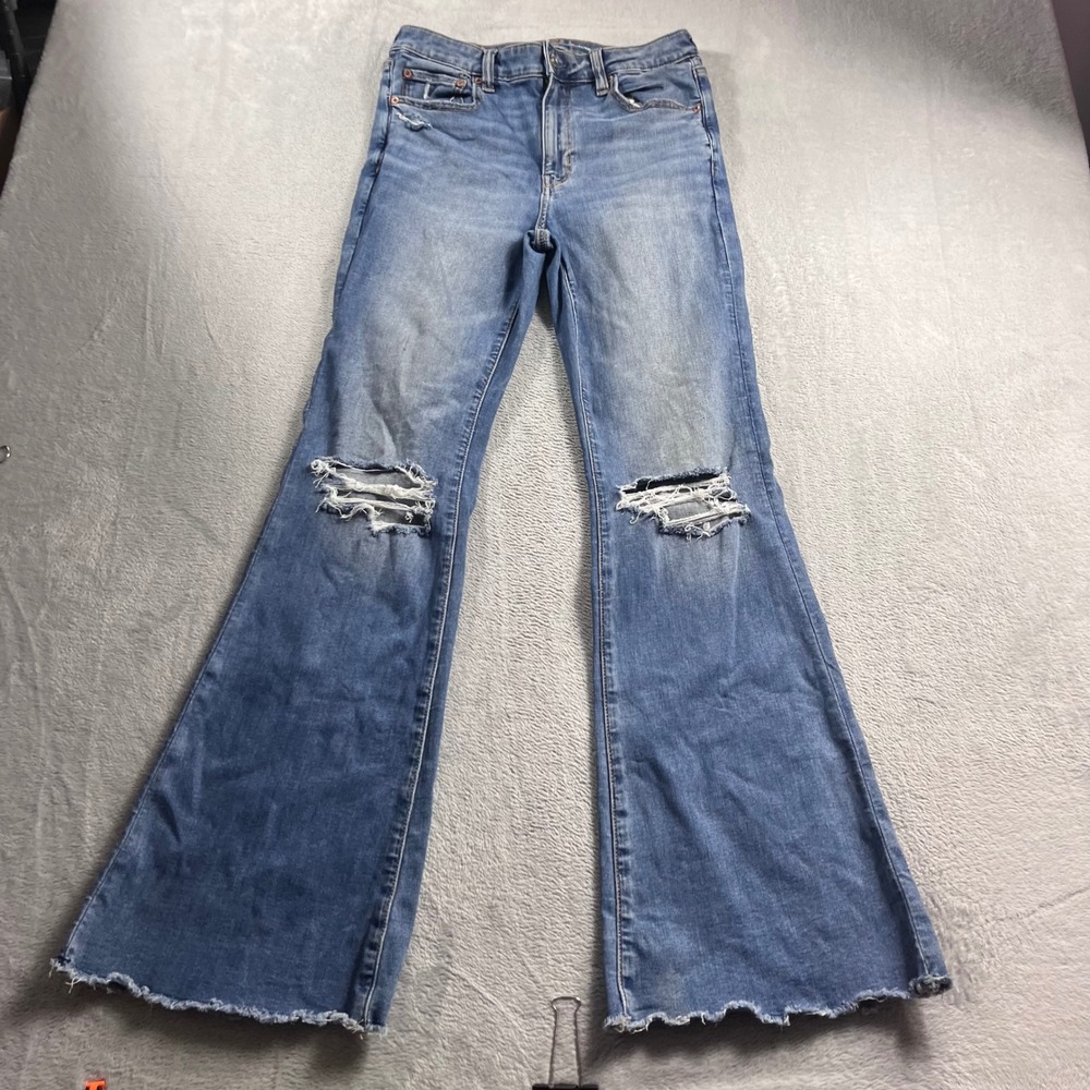 American Eagle Super High Rise Flare Jeans Blue Distressed Next Level Stretch 6R